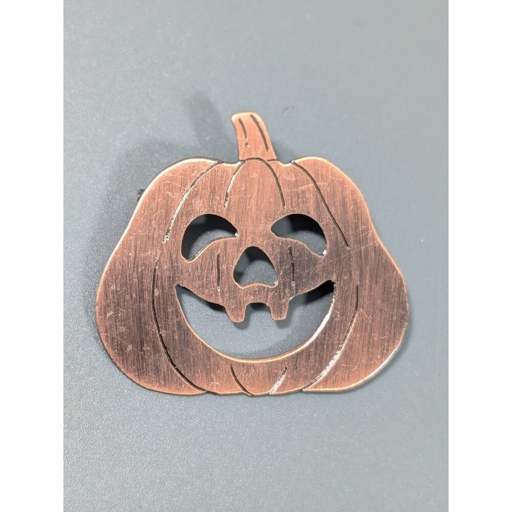 Copper Tone Halloween Pumpkin Jack O Lantern Metal Pin Brushed